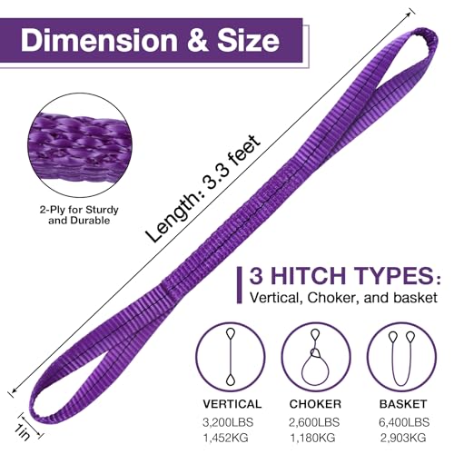 Lift Sling Straps,1" x 3.3' 2-Ply Heavy Duty Flat Eye Lift Slings | Polyester Lifting Strap Tree Saver Recovery Strap Web Sling Rigging Moving Tow Hoist Gear Straps Kit 3200 lb 2600 lb 6400 lb - color: Purple, size: 1" x 3.3'
