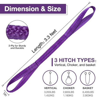 Lift Sling Straps,1" x 3.3' 2-Ply Heavy Duty Flat Eye Lift Slings | Polyester Lifting Strap Tree Saver Recovery Strap Web Sling Rigging Moving Tow Hoist Gear Straps 3200 lb 2600 lb 6400 lb 2P - color: Purple, size: 1" x 3.3' (2 pack)