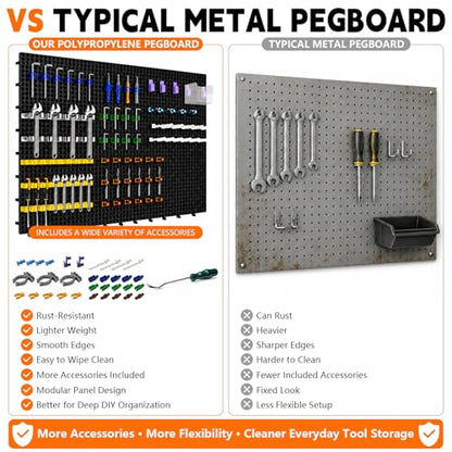 Plastic Pegboard Wall Organizer Kit, 6 Black Panels 36" x 16", 200 Accessories with Hooks, Clips & Holders, Modular Tool Storage Board for Garage, Workbench, Craft Room, Home Repair