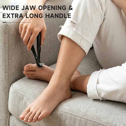 Ergonomic Long Handle Toenail Clippers for Seniors, 4.75 Inches Angled Head Curve Wide Jaw Opening Nail Clippers for Thick Nails with Meta and Glass Nail File, Fingernail Cutter with Catcher, 3Pcs