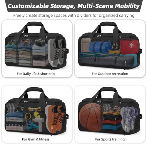 ZOMFELT Gym Bags for Men, 22x14x9 Carry On luggage Duffle Bag for Travel | 3-in-1 Sports Basketball Bags with Removable Dividers & Shoe Compartment, Waterproof Weekender Overnight Travel bag, Black - size: Medium