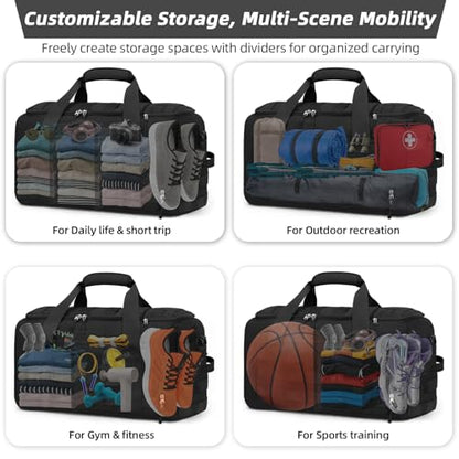 ZOMFELT Gym Bags for Men, 22x14x9 Carry On luggage Duffle Bag for Travel | 3-in-1 Sports Basketball Bags with Removable Dividers & Shoe Compartment, Waterproof Weekender Overnight Travel bag, Black - size: Medium