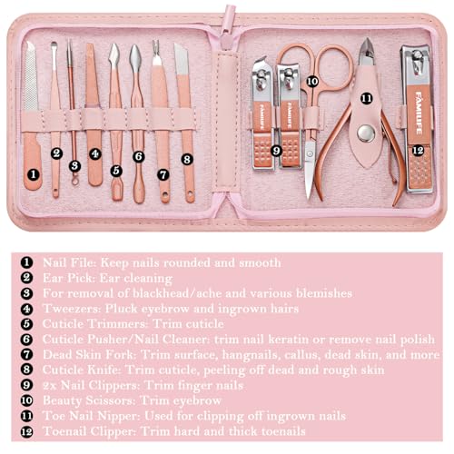 FAMILIFE Manicure Set, Professional Nail Kit Stainless Steel Nail Clipper Set, 13PCS Beauty Tools Manicure Kit Pedicure Tools, with Portable Pink Leather Travel Case for Her - color: Pink