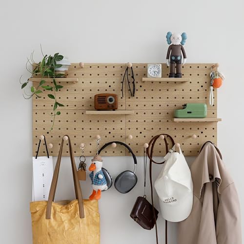 Wooden Pegboard Modular Display Organization Storage Wall Hooks Shelf (Oak Colored Finish-B-4) - color: Oak colored finish-B-4