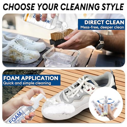 Shoe Cleaner Kit for Sneakers with 3 Brushes and Foam Bottle, 10.6 oz | Deep Cleaning for White Shoes, Leather, Suede, Nubuck, Canvas, Mesh, Boots, Midsoles and Soles