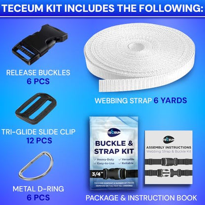 TECEUM 3/4" Nylon Strap Kit with Buckles, White 6 yards Repair Set | Heavy duty hardware kit: 6yd webbing, 6 quick release buckles, 12 tri-glide slide clips, 6 metal D-rings for crafting. - color: White, size: 3/4" - 6 yards, style: 6 Buckle - 12 Slides -