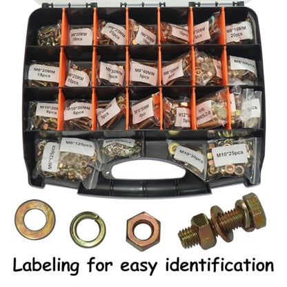 918Pcs Metric Bolt Assortment Kit - Grade 8.8 M6 M8 M10 M12 (16-50mm) Hex Bolts with Nuts & Washers, Yellow Zinc Plated, Storage Case for Heavy Equipment & Machinery Repair - size: 918PCS Metic Hex Bolt Kit M6~M12, Grade 8.8