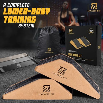 Anti-Slip Squat Wedge Block (2-Pack) – Heel Elevated Squats, 20° & 40° Cork Wedges for Weightlifting, Mobility & Knee Support – Includes Resistance Bands & Carry Bag