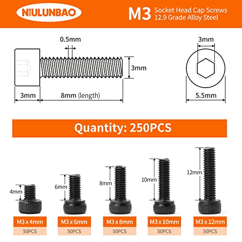 M3 x 4mm 6mm 8mm 10mm 12mm Hex Socket Head Cap Screws Bolts, 12.9 Grade Alloy Steel, Black Oxide Finish, Metric Allen Hex Drive, Machine Fully Threaded, Assortment Kit 250PCS - size: M3 x 4/6/8/10/12mm (250PCS)