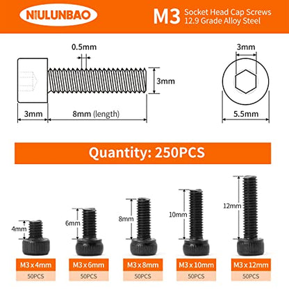 M3 x 4mm 6mm 8mm 10mm 12mm Hex Socket Head Cap Screws Bolts, 12.9 Grade Alloy Steel, Black Oxide Finish, Metric Allen Hex Drive, Machine Fully Threaded, Assortment Kit 250PCS - size: M3 x 4/6/8/10/12mm (250PCS)