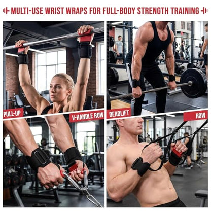 Weight Lifting Hooks & Wrist Straps Set Adjustable Wrist Wraps 2 in 1 Lifting Hooks with Anti-Slip Grip for Weightlifting, Deadlifts, Powerlifting, Gym Straps for Men and Women - color: Red