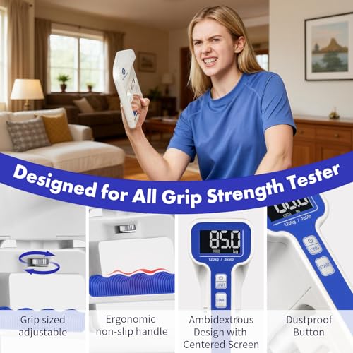 Digital Grip Strength Tester, 265 lb Hand Dynamometer, Blue