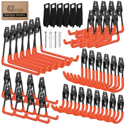 42-Pack Heavy Duty Wall Mount Garage Hooks | Hanging Storage For Ladders, Hoses, Bikes, Garden Tools, Ropes; For Yard, Warehouse, Workshop, Shed, Shop - color: 42 Pack Orange