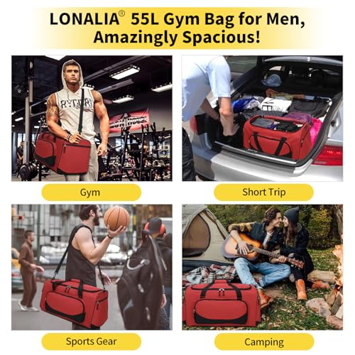 55L Large Gym Duffle Bag for Men, 22 inch, Red | Heavy Duty, Gym Duffel Bag, Multi Pockets, Spacious - color: Red