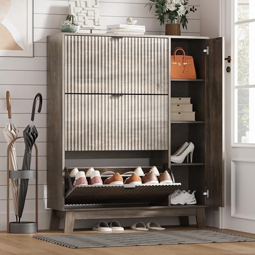 Shoe Cabinet Storage for Entryway with 3 Flip Drawers & Side Cabinet, Fluted Narrow Shoe Organizer with Wooden Leg, Freestanding Shoe Storage Hidden Shoe Rack Organizer for Front Door Entrance, Grey - color: Grey, size: 3 Drawer with Door
