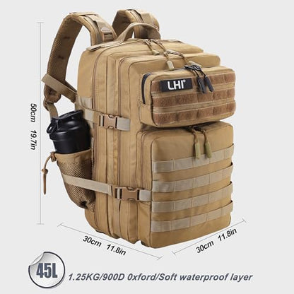 LHI Military Tactical Backpack for Men and Women 45L Army 3 Days Assault Pack Bag Large Rucksack with Shoe Compartment - color: 1.1 Khaki