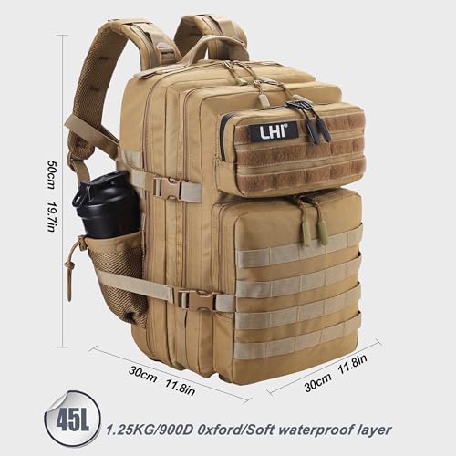 LHI Military Tactical Backpack for Men and Women 45L Army 3 Days Assault Pack Bag Large Rucksack with Shoe Compartment - color: 1.1 Khaki
