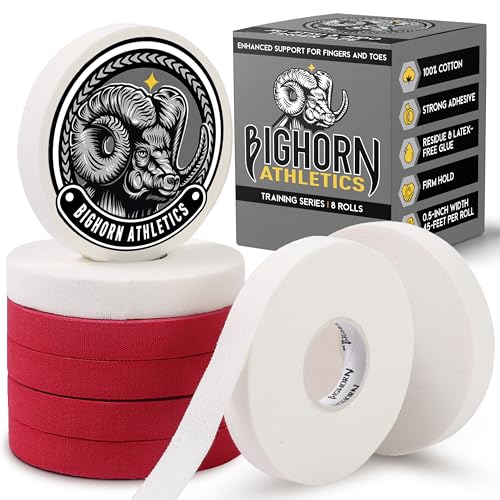 Bighorn Athletics Finger Tape, 0.5-Inch × 45-Feet, 8 Rolls, Red/White | Athletic Sports Tape for Jiu Jitsu, Climbing, Volleyball, Golf. Hands & Toes Support. Residue-Free, Zinc Oxide Adhesive. - color: Red & White, size: 0.5-Inch