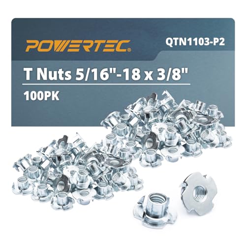 POWERTEC 5/16"-18 T Nuts, 100 Pack | 4 Pronged Tee Nuts for Bolts and Stem Caster Wheels, Threaded Inserts for Woodworking, Rock Climbing Holds and Furniture| 11/32" Length (QTN1103-P2) - size: 3/8", style: 5/16"-18
