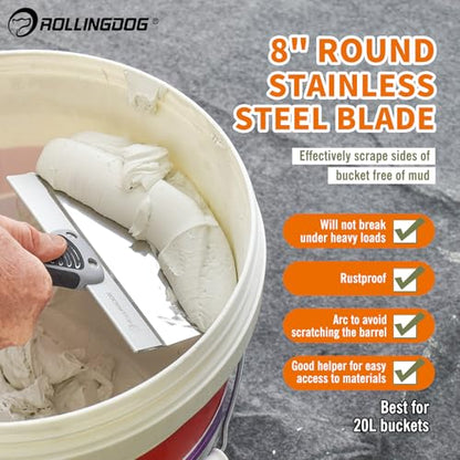 ROLLINGDOG 8 Inch Drywall Bucket Scoop Stainless Steel | Scraper Mud Scoop for Plaster, Morter, Putty, Curved scoop, Rubber grip handle, Angled handle - color: 8 Inch