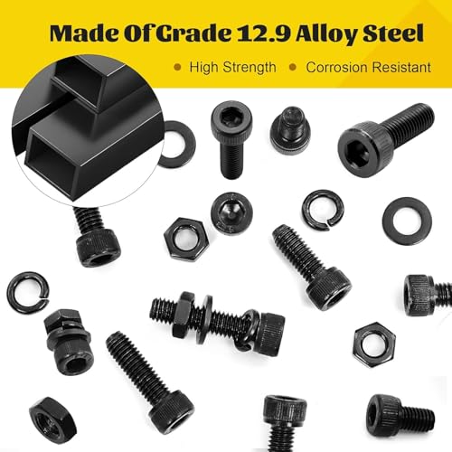 185PCS M6 Screws with Nuts Assortment Kit - M6x8/10/12/16/20/25/30/35 mm Hex Socket Head Cap Bolts with Nuts & Washers Assorted Set - 12.9 Alloy Steel Black Zinc Plated Anti-Rust Hardware Set - size: M6 185pcs