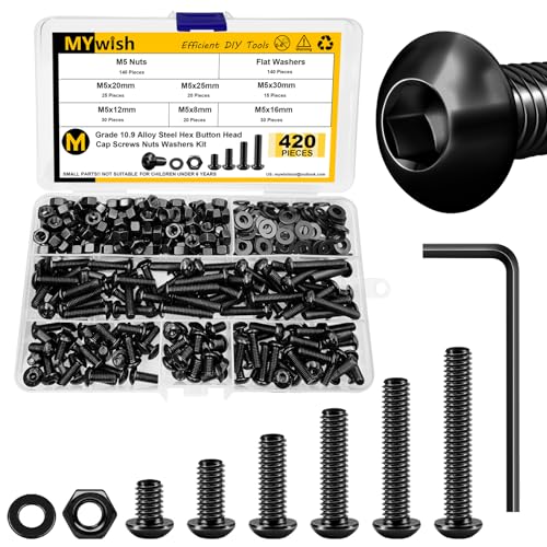 420Pcs M5 Nuts and Bolts, M5 Screws x8mm/12mm/16mm/20mm/25mm/30mm, Metric Screw Assortment 10.9 Grade Alloy Steel, Hex Button Head Cap Metric Screws, Flat Washers/Nuts/Hex Wrenches Black By Mywish - color: Black, size: 420Pcs M5
