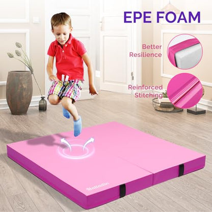 Matladin 4” Thick Folding Gymnastics Gym Exercise Aerobics Mat, 4ft x 4ft x 4in PU Leather Tumbling Mats for Stretching Yoga Cheerleading Martial Arts