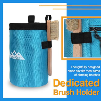 supregear Chalk Bag for Rock Climbing, Large Zipper Pocket with Brush Holder, Drawstring Closure, and Carabiner Clip, Ideal for Bouldering, Weightlifting, Gym - color: Blue