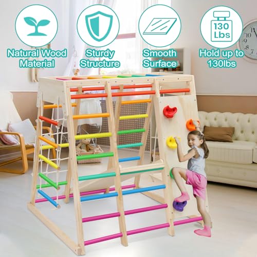 7 in 1 Pikler Indoor Playground Jungle Gym Playset, Wooden Montessori Climber with Slide, Rock Climb Wall, Monkey Bars, Rope Ladder, Climbing Rope and Swing for Kids（Rainbow）