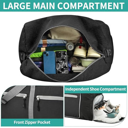 Dimayar 40L Foldable Duffle Bag, Travel & Weekender, Overnight, Gym | Lightweight, Carry-on, Packable, Waterproof & Tear Resistant, Travel Duffel Bag with Shoes Compartment for Men Women - color: Black, size: 40L