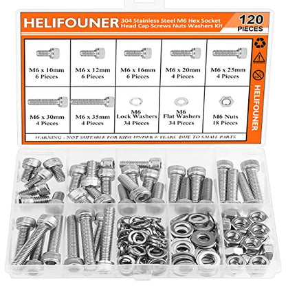 HELIFOUNER 120 Pieces M6 x 10mm /12mm /16mm /20mm /25mm /30mm /35mm, Hex Socket Head Cap Screws Bolts Washers Nuts Kit, 304 Stainless Steel - size: M6, style: Socket Head Screws