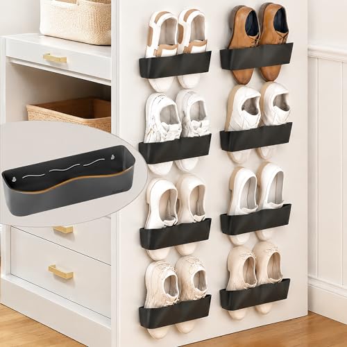 Wall Mounted Shoe Rack, Adhesive & Drill Mount Hanging Shoe Organizer, Plastic Shoe Storage for RV, Camper, Closet & Door, Patent Protected, Patent Protected, Black-8Pack - color: Black