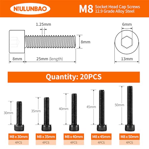 M8 x 30mm 35mm 40mm 45mm 50mm Hex Socket Head Cap Screws Bolts 12.9 Grade Alloy Steel Metric, Black Oxide Finish, Allen Socket Drive, Machine Fully Threaded, Assortment Kit 25PCS - size: M8 x 30/35/40/45/50mm (20PCS)