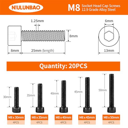 M8 x 30mm 35mm 40mm 45mm 50mm Hex Socket Head Cap Screws Bolts 12.9 Grade Alloy Steel Metric, Black Oxide Finish, Allen Socket Drive, Machine Fully Threaded, Assortment Kit 25PCS - size: M8 x 30/35/40/45/50mm (20PCS)