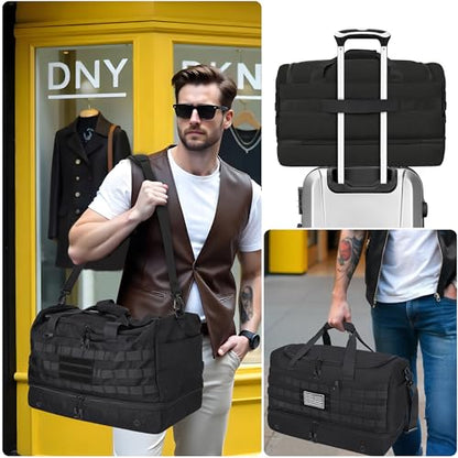 MOZETO Black Duffle Bag for Men, 45L Carry On 22x14x9 Travel Duffle with Shoe Compartment Tactical Inspired Heavy Duty GYM Overnight Bag Wet-Dry Separated Compartment