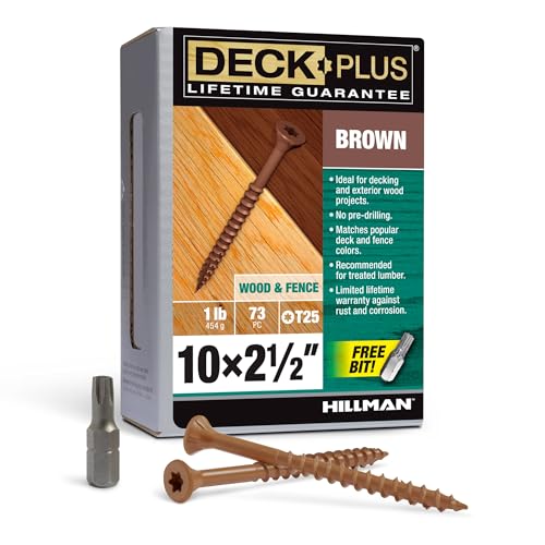 Deck Plus 2-1/2 Inch Epoxy Coated Exterior Wood and Fence Screws #10 x 2-1/2" Torx/Star Drive Included Coarse Thread, Outdoor Rust Resistant Decking Screw, Brown, 1lb Box, 73 Pieces | 48824 - color: Brown, size: #10 x 2-1/2", style: 73 pcs