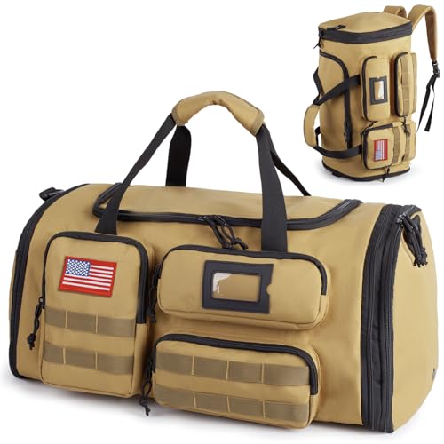 Expandable Gym Bag For Men,Tactical Large 3-in-1 Travel Duffle Backpack Bag | Water-Resistant Sports Bag With Shoes Compartment,Multi-Functional Travel Duffel Bag For Weekend, Overnight, Workout,Camping - color: Brown