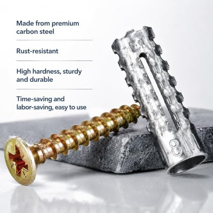 Wall Anchors and Screws Kit, Heavy Duty Concrete Hollow Wall Anchors with Screws, 50 Sets/100 Pieces Expansion Anchorses for Drywall Brick Wood Mounting, Door Hinge Hole Repair