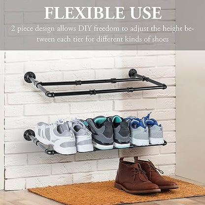 MyGift Set of 2 Industrial Matte Black Metal Pipe Hanging Shoe and Boot Rack Shelves, Wall Mounted Space Saving Footwear Storage for Closet, Mudroom, Entryway, Holds 6 Pairs - size: 27 Inch