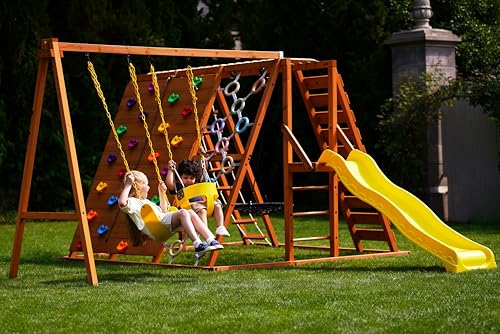 Sycamore Backyard Ultimate Climbing Set with 2 Swings and Trapeze Bar - Outdoor Playset for Kids with Gymnastics Bar, Rock Climbing Holds, and Sensory Playground Accessories - Wooden Swingset for Ages