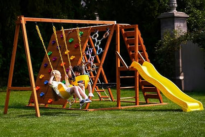 Sycamore Backyard Ultimate Climbing Set with 2 Swings and Trapeze Bar - Outdoor Playset for Kids with Gymnastics Bar, Rock Climbing Holds, and Sensory Playground Accessories - Wooden Swingset for Ages