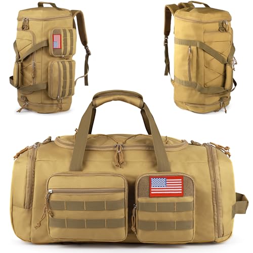 Tactical Gym Bag for Men,70L Large 3-in-1 Sports Duffle Bag for Travel Gym | Water Resistant ,Adjustable Shoulder Strap,MOLLE Weekender Overnight Bag with Shoes Compartment,Gym Backpack for Gym,Travel - color: Brown, size: Large