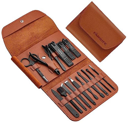 FAMILIFE Gifts for Men, Manicure Set Clippers Manicure Kit Nail Clipper Sets 16pcs Mens Grooming Kits Professional Stainless Steel Nail Kit Brown Leather Case Travel Kits - color: Medium Brown