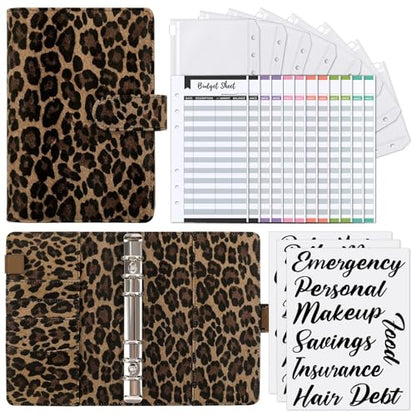 SKYDUE A6 Budget Binder with Zipper Envelopes, Money Organizer for Cash with 12Pcs Expense Budget Sheet & 24Pcs Stickers, Cash Envelopes for Budgeting and Saving - color: Leopard Brown