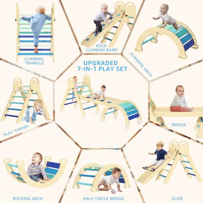 Pikler Triangle Set, Montessori Climbing Set, Baby Climbing Playset Toys Indoor, Jungle Gyms for Toddlers Ages 1-4, Toddler Climbing Playground (Blue-Nature) - color: Nature-blue
