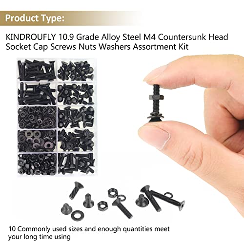 382 Pieces Black M4 x 6/8 /10/12 /16/20 /25mm Countersunk Head Socket Cap Screws Nuts Washers Assortment Kit, 10.9 Grade Alloy Steel - size: M4, style: Countersunk Head