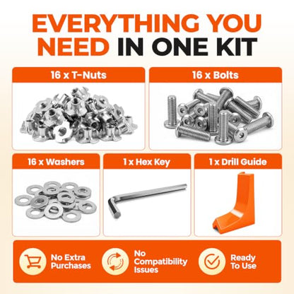 1/4"-20 T-Nut Installation Kit with Drill Guide, 16-Set 304 Stainless Steel | Complete installation kit with drill guide for straighter holes, secure fastening, and faster DIY assembly