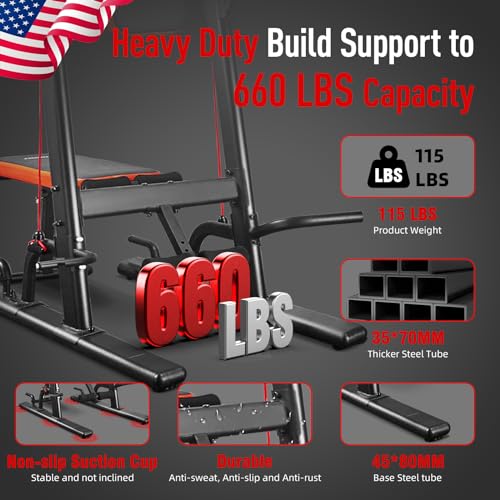 HARISON Multifunction Power Tower with Bench, Heavy Duty Pull Up Bar Dip Station for Home Gym Workout Strength Training Fitness Equipment