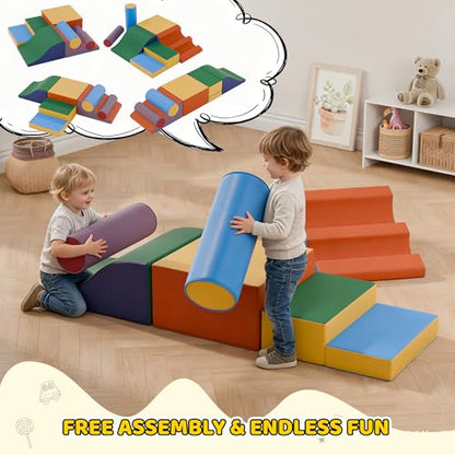 Soft Climbing Toys for Toddlers, 7-Piece Foam Climbing Blocks with PU Leather Cover, Modular Climb and Crawl Activity Play Set for Indoor Playroom (Classic) - color: Classic