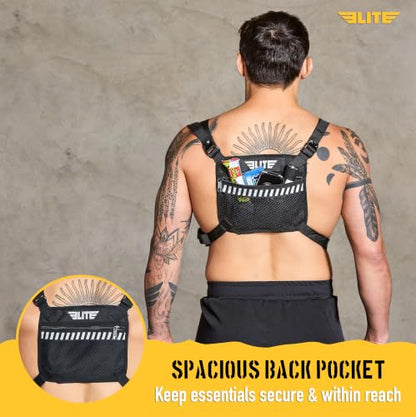 Elite Sports Running Vest w/Phone Holder for Men/Women, Reflective Lightweight Chest Pack w/Touch Friendly Phone Sleeve, Camera Pocket - Chest Rig for Hiking, Trail, Marathon, Camping - size: Small